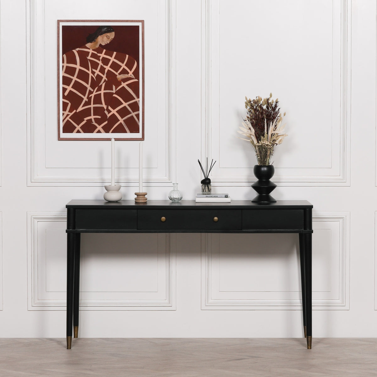 black console table for hallway. Long black hallway table with drawer black and gold hallway table