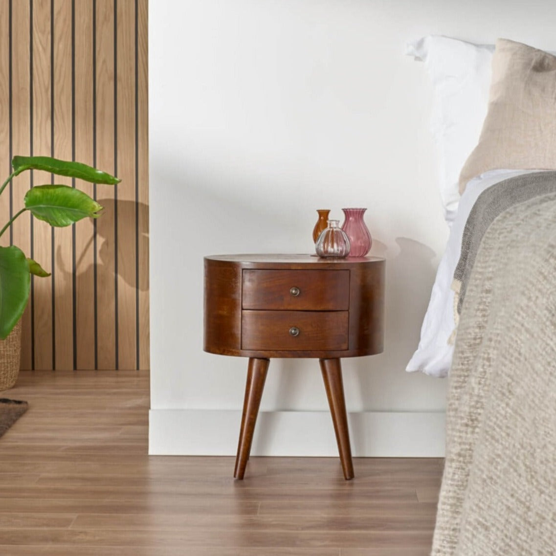 walnut bed side table uk dark brown wood curved nightstand chest ukround bedside table dark wood uk Oval Bedside Table with 2 Compact Drawers in Dark Chestnut Solid Mango Wood uk Etsy Molina bedside table round  8906057242399
