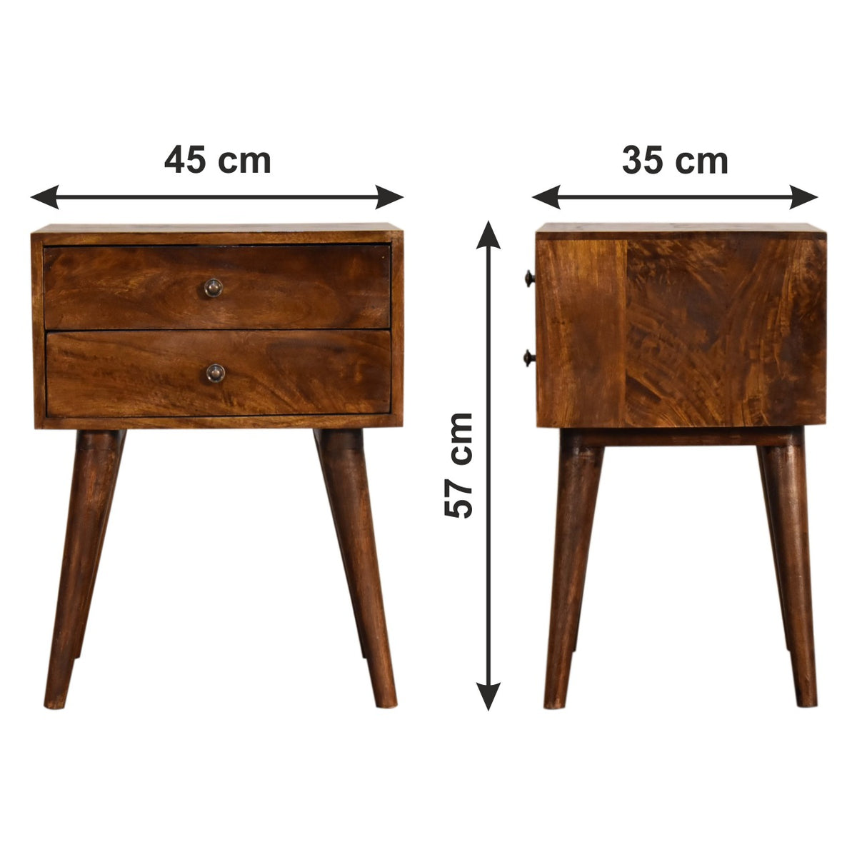 Tall dark wooden bedside table 2 drawer small brown wood bedside table